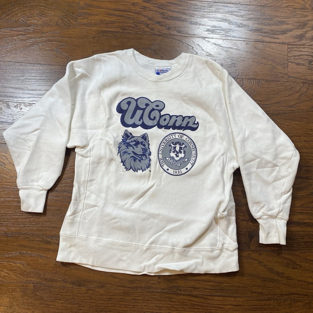 Vintage Hanes Beefy UConn Sweatshirt White University of Connecticut Medium USA